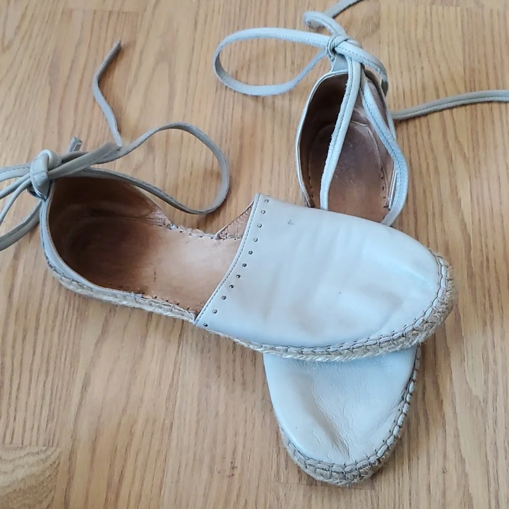 All Saints Light Gray Ankle Wrap Strap Leather Espadrilles Size 39/8